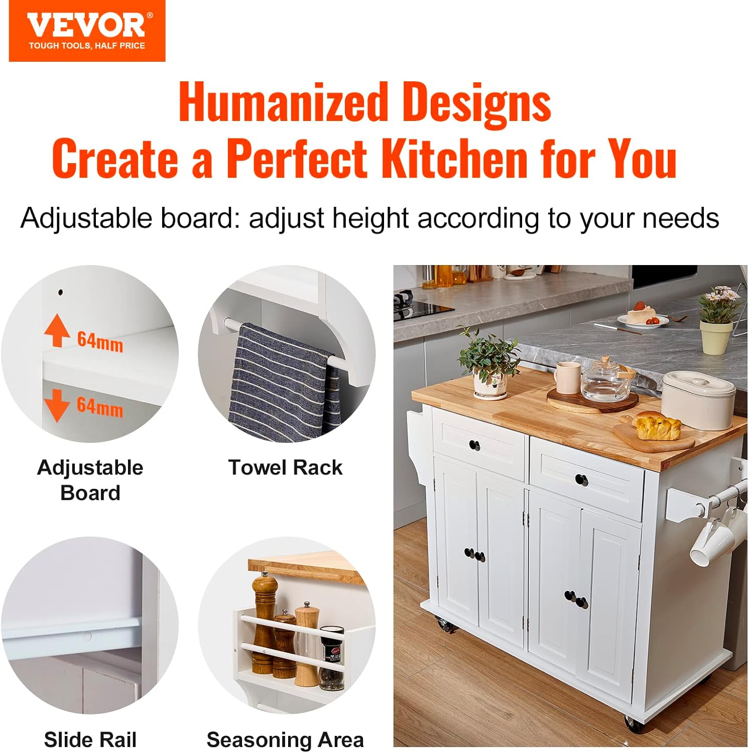 VEVOR Kitchen Island Cart with Solid Wood Top