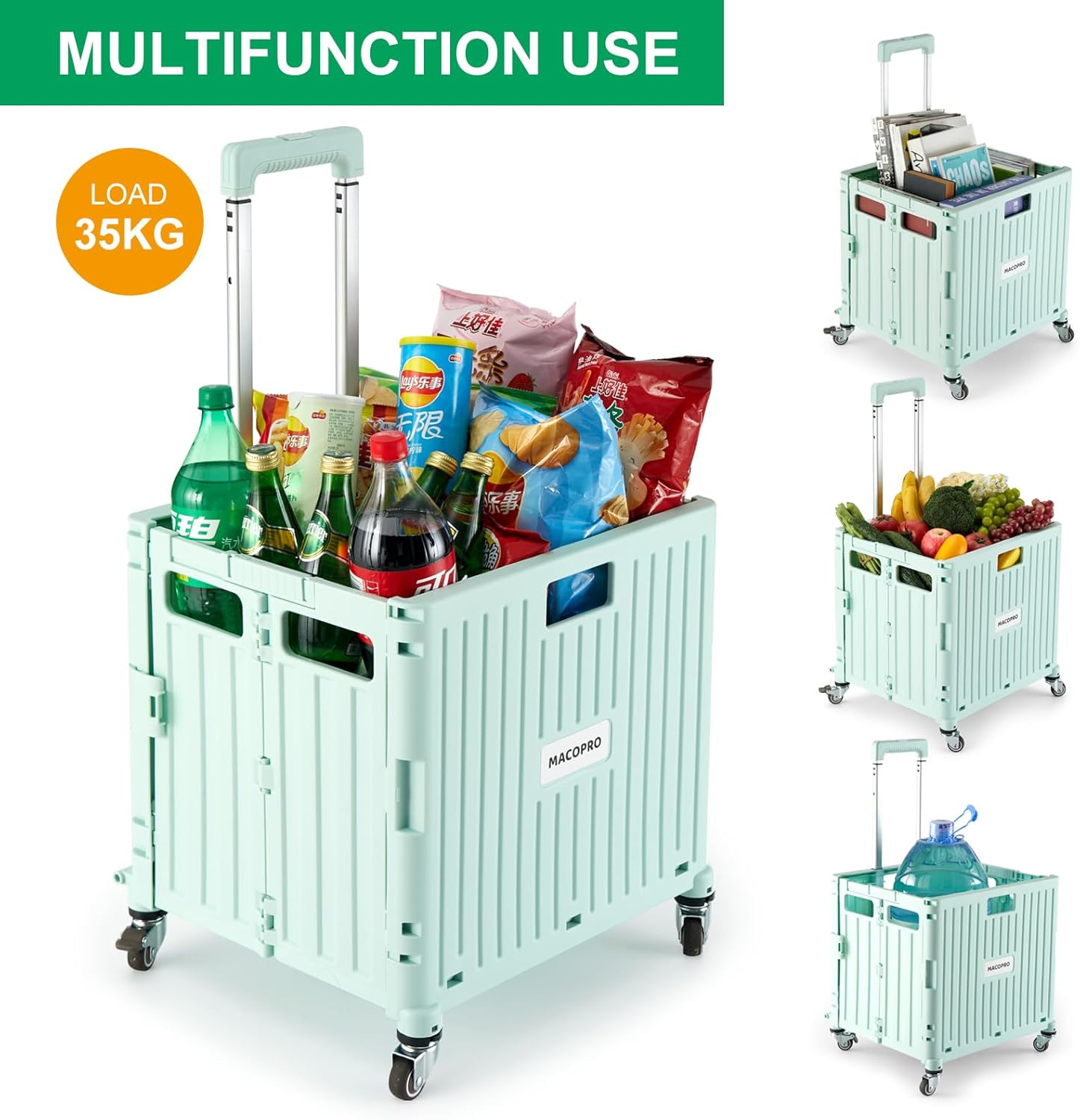 MACOPRO Folding Utility Cart Portable Rolling Crate Handcart Shopping Trolley Collapsible Tool Box