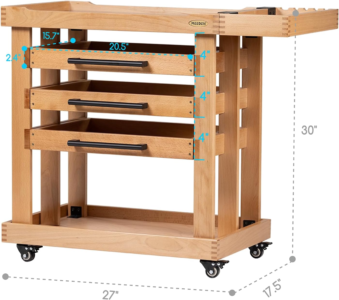 MEEDEN Art Supplies Storage Cart: 5-Tier Solid Beech Wood Utility Rolling Cart with 3 Drawers - Craft Orgnizer on 4 Wheels Wood Natural Standard