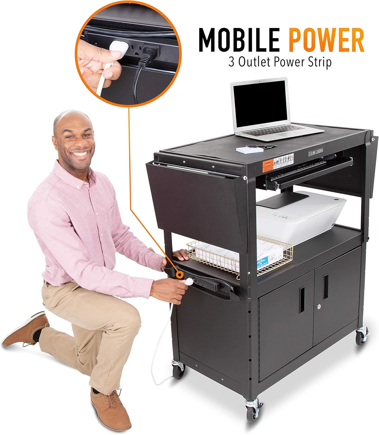 Line Leader Large AV Cart with Locking Cabinet & Drop Leaves, Rolling Height Adjustable Ut
