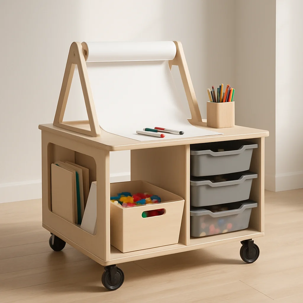 An occupational therapist arranging sensory tools in the labeled drawers of a clinical-grade mobile cart in a bright long-term care activity room